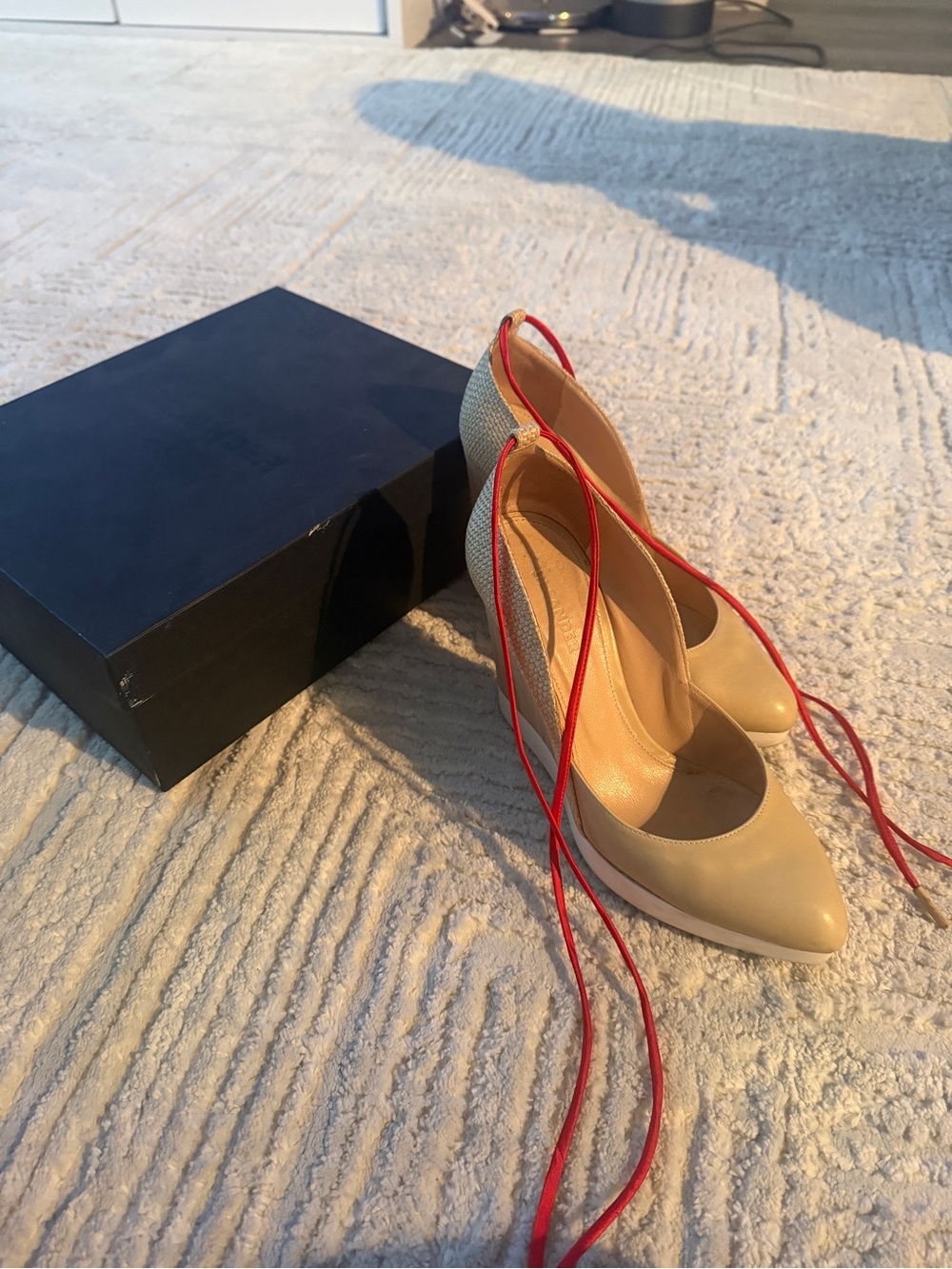 Jil Sander Beige Pointed-Toe Heels with Red Lace-Up Ties